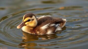 Duckling swimming in calm waters showcasing its soft feathers and playful spirit during a warm afternoon photo