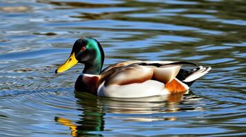 Colorful mallard duck swimming gracefully in a serene lake reflecting natural beauty in the afternoon light photo