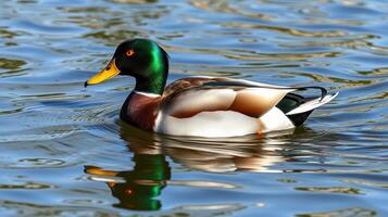Colorful mallard duck swimming calmly in a serene pond during a sunny day photo