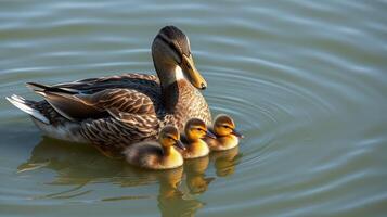 Mother duck swimming with her adorable ducklings in a serene pond during a sunny day photo