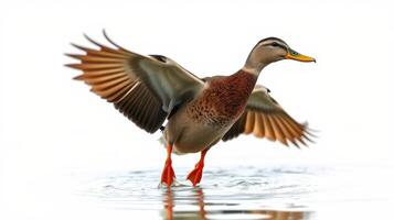 Mallard duck spreading wings in water with a soft white background at dawn photo
