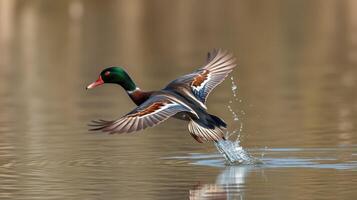 Duck takes flight over calm water during golden hour at a tranquil lakeside location photo