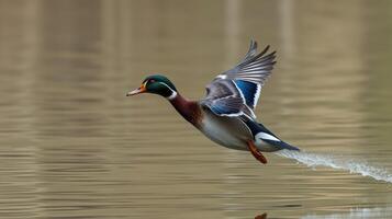Wood duck takes flight over calm waters in the early morning light at a serene lakeside photo