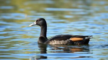 Black duck swimming gracefully in a serene lake surrounded by calm waters and soft reflections photo