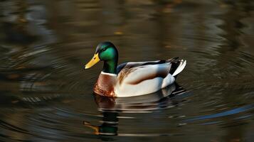 Colorful mallard duck gracefully swims in a calm pond during a sunny afternoon photo