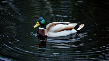Duck swimming gracefully in still water reflecting a serene environment during daylight photo