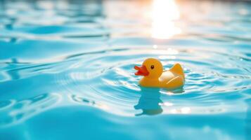 Yellow rubber duck floating on tranquil water reflecting sunlight during a bright day photo
