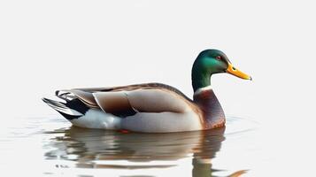 Mallard duck gliding gracefully across the serene water at dawn photo