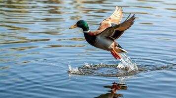 Duck takes flight over calm water in a serene natural setting photo