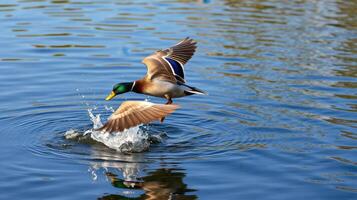 Duck taking flight from water surface in a tranquil pond during a sunny day photo