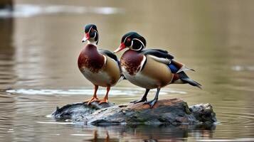Colorful wood ducks resting on a rock in a tranquil pond environment surrounded by soft natural light photo