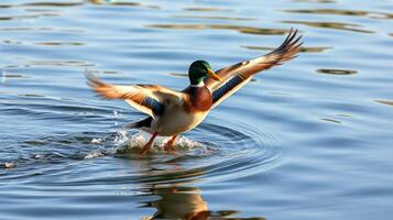 Vibrant male duck taking flight over a serene lake on a sunny day in early spring photo
