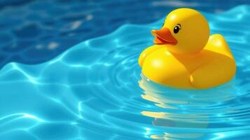 Bright yellow rubber duck floats on clear blue water in a sunny pool photo