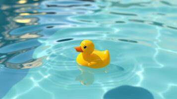 Bright yellow rubber duck floating on clear blue water in a sunny outdoor pool setting photo