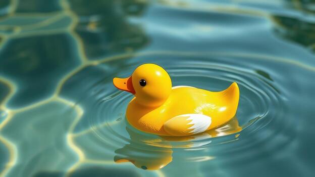 Bright yellow rubber duck floating on clear water surface with gentle ripples and reflections during daylight photo