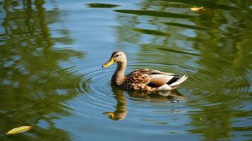 Duck swimming peacefully in a serene pond surrounded by lush greenery during a sunny day photo