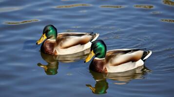 Two mallard ducks swimming peacefully on a calm lake during a sunny day photo