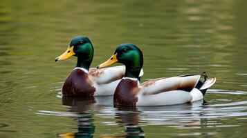 Two mallard ducks swimming gracefully in a serene pond surrounded by lush greenery during a calm afternoon photo