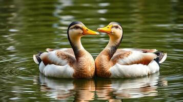 Ducks swim gracefully in a tranquil pond surrounded by lush greenery on a sunny day photo