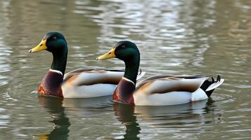 Two male mallard ducks swimming together in calm water during a sunny day photo