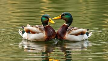 Ducks swimming together in a tranquil pond during a sunny afternoon photo