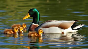 Male mallard duck swims alongside its five fluffy ducklings in a tranquil pond on a sunny day photo