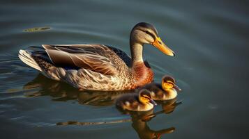 Duck with ducklings swimming in calm water during sunny afternoon by a lakeside photo