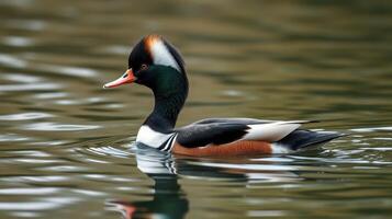 Male hooded merganser swims gracefully in calm waters during a sunny afternoon photo