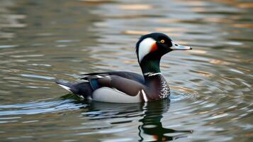Colorful duck swims gracefully in calm water during a sunny afternoon photo