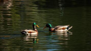 Two mallard ducks swim gracefully in a tranquil pond surrounded by lush greenery during a sunny afternoon photo