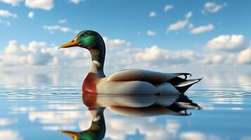 Mallard duck gliding peacefully across a calm lake under a clear blue sky with fluffy clouds photo