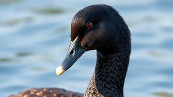 Black duck swimming gracefully in a serene lake during sunny afternoon hours photo