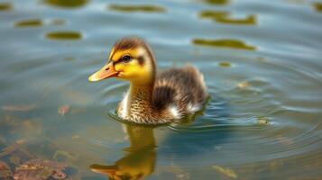 Duckling swims gracefully in calm water surrounded by nature on a sunny day photo
