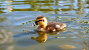 Cute duckling swimming in tranquil pond water during sunny weather surrounded by greenery photo