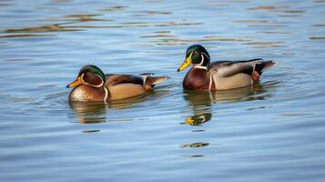 Male ducks swim gracefully in a serene lake surrounded by calm waters and gentle ripples during the early morning light photo