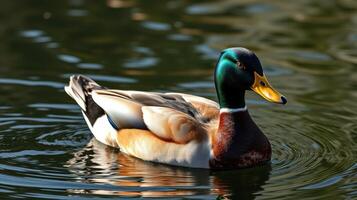 Colorful mallard duck swimming gracefully in a serene pond on a sunny day photo