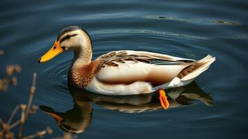 Duck swimming gracefully on the calm water with reflections and soft ripples in a natural setting photo