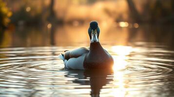 Male duck swims gracefully in serene water at sunset, showcasing vibrant colors and reflections photo