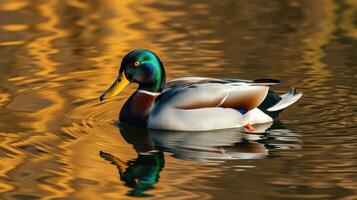 Mallard duck swimming gracefully in golden water at sunset by a tranquil pond photo