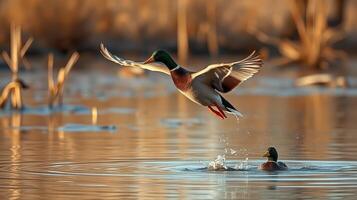 Mallard ducks flying over a tranquil wetland at sunset with reflections on the water photo