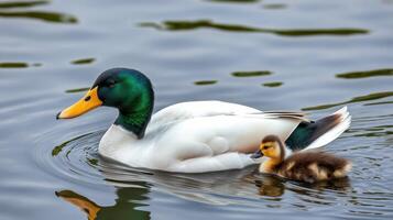 Male duck swims peacefully alongside its duckling in a serene lake during a sunny day photo