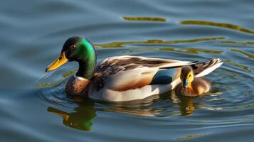 Mallard duck and duckling swimming together in a tranquil pond during a sunny day photo
