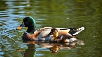 Ducks swimming peacefully in a serene pond during a sunny afternoon in a rural setting photo