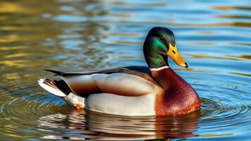 Colorful male mallard duck swimming gracefully in a serene pond surrounded by lush greenery photo