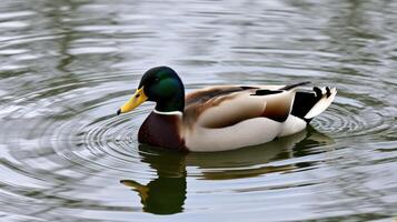 Mallard duck swimming peacefully in a tranquil pond during early morning hours photo