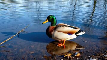 Mallard duck standing in calm water near the shore under bright daylight in a natural setting photo