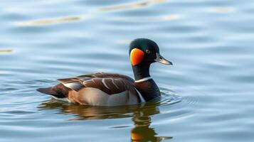 Male duck swimming gracefully on a calm lake surrounded by shimmering water reflections in the early morning light photo