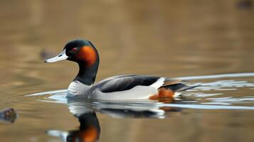 Beautiful swimming duck with vibrant plumage glides across calm water in natural habitat during golden hour photo