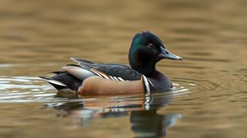 Duck swims gracefully in calm waters during sunset at a peaceful natural habitat photo