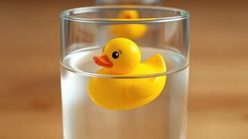 Bright yellow rubber duck floating in clear water in a glass on a wooden surface photo